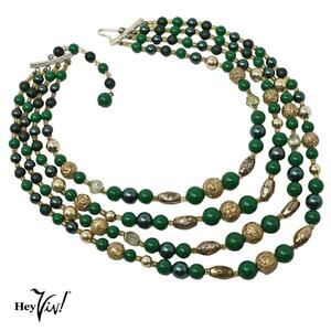 Vintage 1950s 4 Strand Green and Gold Textured Bead Necklace Japan 16" - Hey Viv